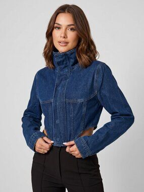 Women Cropped Denim Jacket Fitted Cotton Blue Jean Zip Up Casual Chic Top